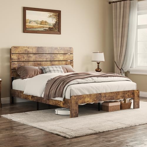 madeslves Bett 140x200 Mit Matratze und Lattenrost – Holzbett Bettrahmen mit Kopfteil, Rustikales Bettgestell mit Lattenrost, Stabil, Leise und Einfach zu Montieren