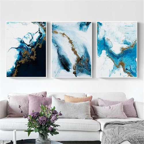 Arte Mural-Conjunto de 3-Póster Impresión de Lienzo Salpicaduras de Color Azul Dorado Abstracto Imágenes Artísticas de Pared Sala de Estar Oficina Hogar Decoración de Habitación-40*60cm(sin marco)
