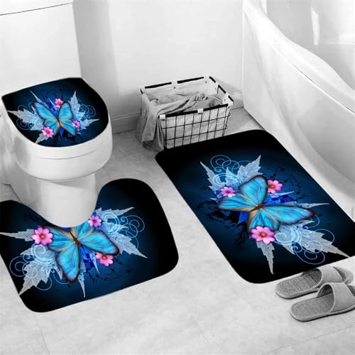 Badezimmerteppich Blauer Schmetterling Badteppich rutschfest Waschbar Badgarnitur 3 Teilig – Badematte Set Mit Wc-Vorleger Und Badematte,Teppich Badezimmer Für Sicherheit Und Komfort Im Bad 50×80Cm – Bild 4