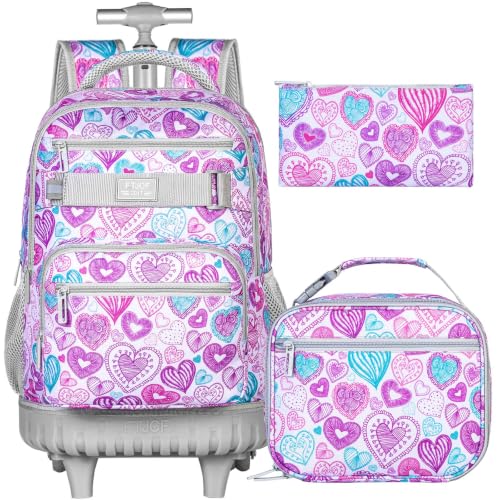Image of 3Pcs Rolling Backpack for Girls Women, Travel Roller Backpacks with Wheels for Adults, Teens College Love Wheeled Bookbag with Lunch Box(Ash Powder)