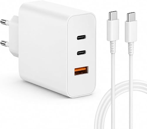 65W 3-Port Fast Charger Plug, Type-C PD Wall Adapter with 2 USB-C & 1 USB-A Port, EU 2-Pin Plug, black