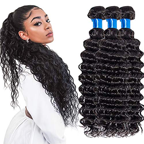 Brazilian Hair Bundles Deep Wave 3 Bundles Unprocessed Brazilian Virgin Remy Human Hair Deep Wave Hair Weave Natural Black Color (12 14 16)