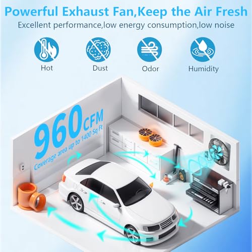 Ventilador de extracción con persiana de 12 pulgadas, control de velocidad y termostato, área de cobertura de 1400 pies cuadrados, 960 CFM, ventilador de techo para ático, invernadero, garaje y gallineros miniatura 4