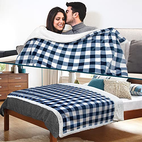 Pavilia Buffalo Plaid Sherpa Blanket Throw | Fuzzy White Navy Blue Checkered Flannel Fleece Blanket For Couch Bed | Fluffy Warm Soft Plush Microfiber Blanket | 50X60 #TOP5