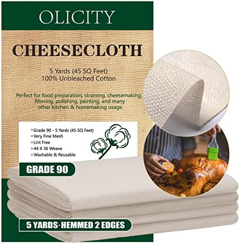 Olicity Cheesecloth, Grade 90, 45 Square Feet, 100% Unbleached Cheese Cloth Cotton Fabric Ultra Fine Muslin Cloths Reusable Cheese Cloths for Straining, Cooking, Baking, Halloween Decoration - 5 Yards