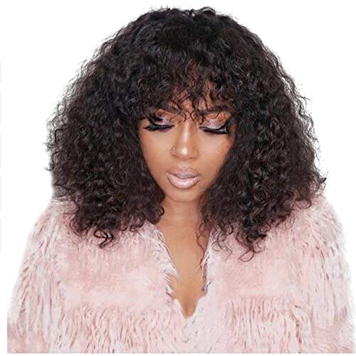 Curly Lace Front Wigs with Bangs for Black Women Brazilian Virgin Human Hair Wig with Baby Hair Pre Plucked 130% Density Remy Hair Wig Natural Color 14 Inch