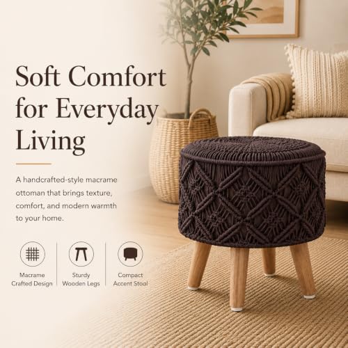 Image of Macrame Ottoman for Living Room | Handcrafted Woven Foot Rest Stool with Solid Wooden Legs | Pouffe for Sitting, Foot Stool for Bedroom & Home Decor | 16x16x18 Inch (Coffee)