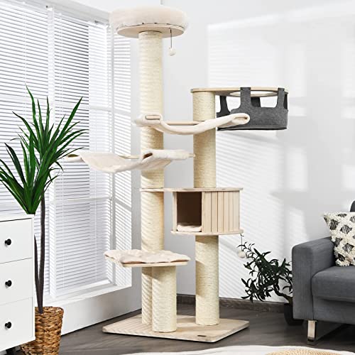 Tangkula 77.5 Inches Modern Cat Tree, Multi-Level Large Cat Tower w/Cat Condo, Hammocks & Hanging Basket, Cat Activity Tree w/Sisal Posts, Washable Cushions, Wood Cat Trees and Towers for Large Cats