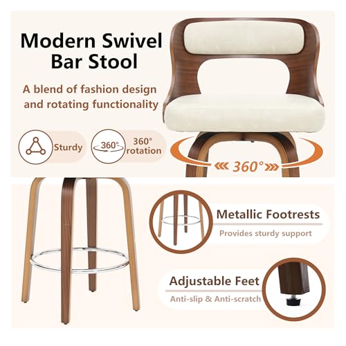 Image of Swivel Bar Stools Set of 1, 26 inch Counter Height Bar Stools, Mid-Century Modern PU Leather Modern Island Chairs with Back and Footrest, for Kitchen, Bar, Restaurant, Cafe (Beige Gray)
