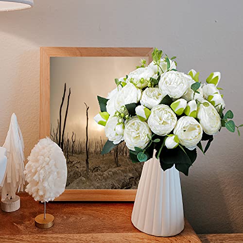 4Packs Artificial Peony Silk Flowers Fake Glorious Flower Bouquets for Wedding Party Bridal Home Decoration (White) image 8