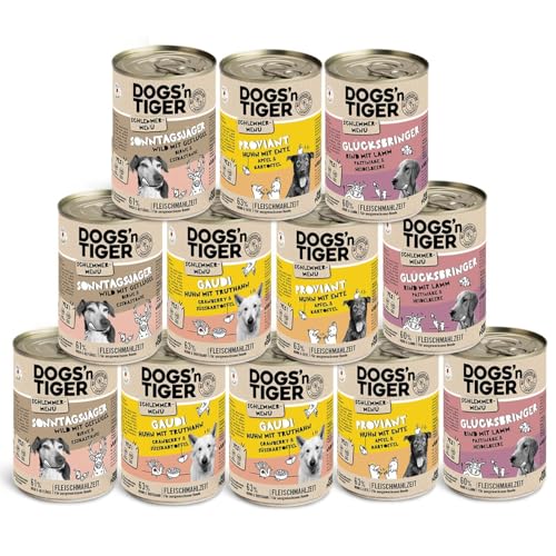 Dogs’n Tiger Adult Hundefutter, Nassfutter, Getreidefrei, Schlemmerpaket, ohne Zuckerzusatz & künstliche Konservierungsstoffe, optimale Verträglichkeit, Wild, Huhn, Ente, Lamm & Rind, 12x400g