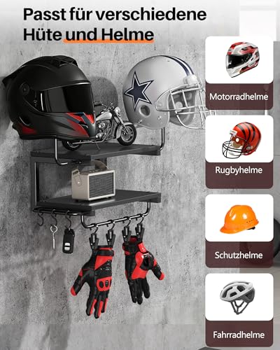 CNTSLNB Motorradhelm Halterung Wand für 2 Helme, Motorrad Garderobe Wand mit Kleiderbügel und Haken, 30 kg Tragfähigkeit, geeignet für Fahrrad und Skihelme (Schwarz)