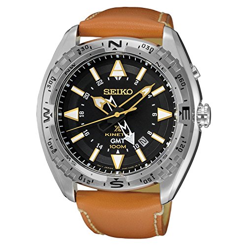 [�Z�C�R�[]Seiko �r���v Kinetic GMT SS Brown Leather Strap Black Dial Watch SUN055 �����Y [���s�A���i]