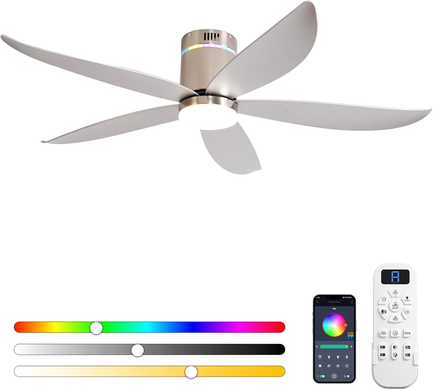 Carrefour Ceiling Fans with Lights,52 Inch Silver Flush Mount Ceiling Fan with Remote,RGB,6 Speeds DC Reversible, Dimmable, Noiseless,Bluetooth Speaker,Low Profile Ceiling Fans for Bedroom Silver Medium
