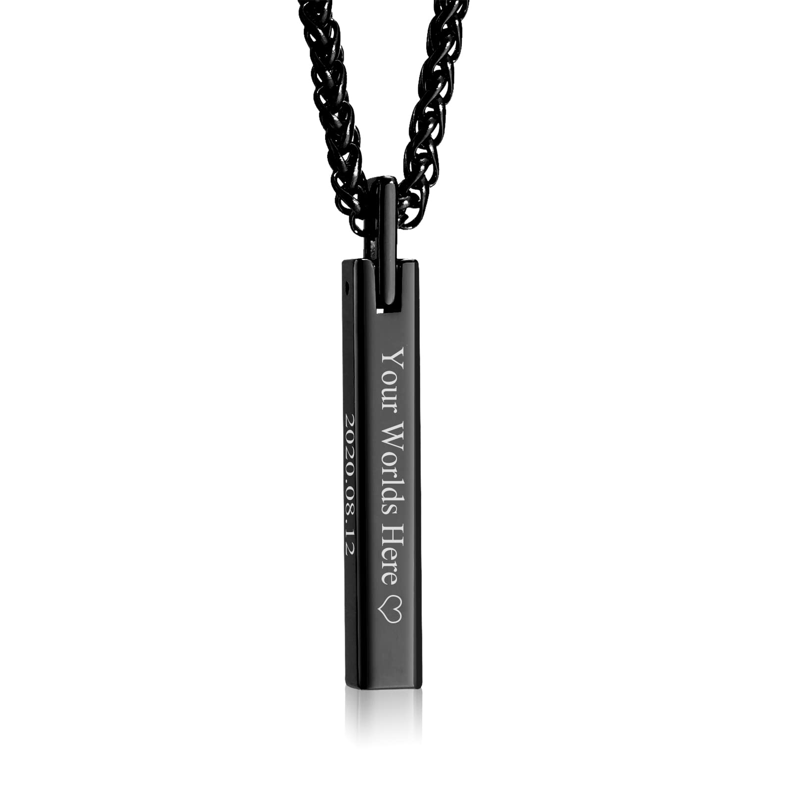XUANPAI3D Bar Necklace Men, Personalised Engraved 4 Sided Vertical Tungsten Steel 3D Bar Pendant Custom Text Name Necklace Jewelry Couples Friendship Gift, Black Stainless Steel Chain