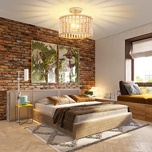Wood Beaded Chandelier - Farmhouse Boho Light Fixture, Rustic Semi Flush Mount Ceiling Light, Oak 2 Lights Nursery Light Fixture For Hallway Foyer Bedroom Kitchen Island Living Room, E26 Base #TOP7