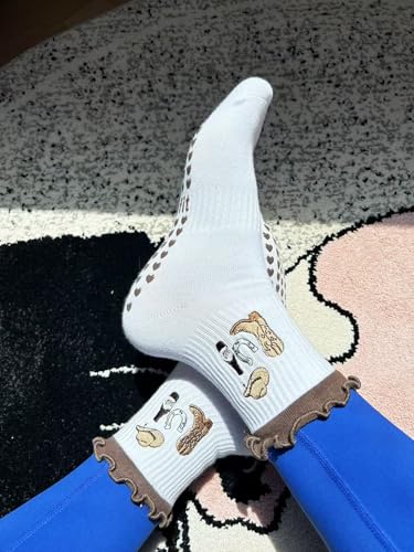 Women's Cute Grip Pilates Socks Non-Slip Yoga Ballet Socks with Ruffle Cuff & Embroidery2