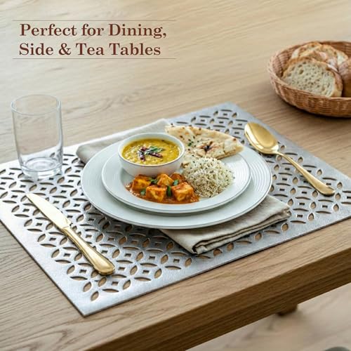 Image of Heart Home Leather Rectangular Table Mats Set of 6 | Washable Placemat /Dining Table Mat for Party, Wedding and Family Functions | Silver