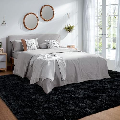 Black Rugs for Living Room Fluffy 5x7 ft Bedroom Rug Non-Slip Area Rugs Shag Carpet for Nursery Kids PlayRoom Dorm Office Indoor Modern Plush Carpets Boys