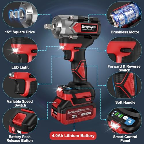 SundpeyPRO Cordless Impact Wrench 750Ft-lbs - 1000N·m Power Impact Gun 1/2 Inch - 21V 2600RPM Brushless Electric Impact Wrench with 4.0Ah Battery & Socket & Fast Charger & Sturdy Case for Car Home DIY