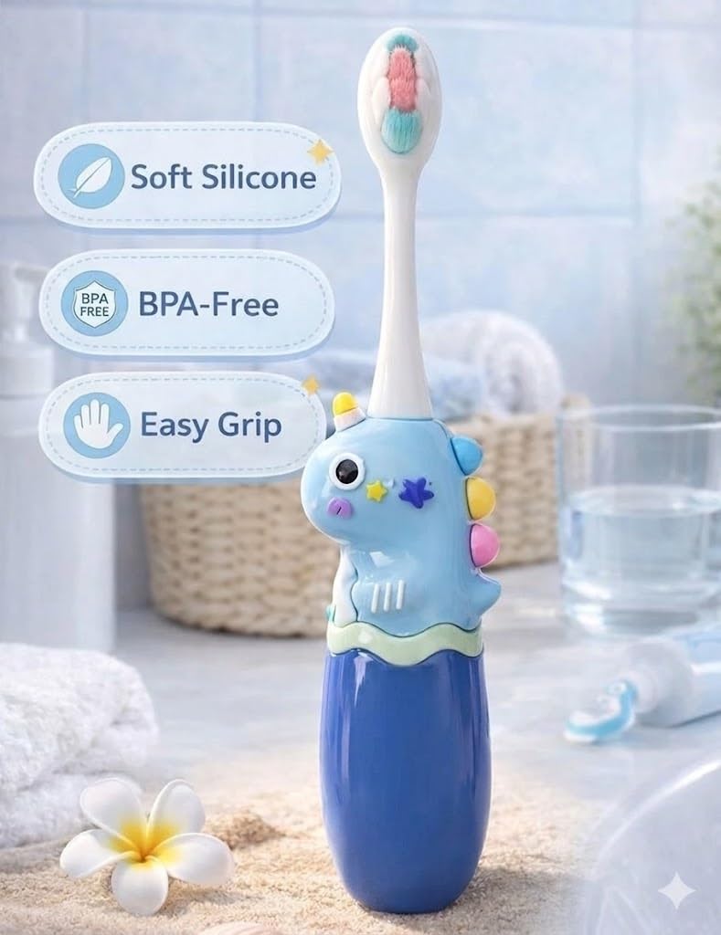 Kids Toothbrush, Blue, Cartoon Dinosaur Design, Soft Bristles, for Children 1
