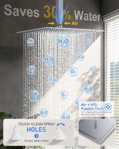 Image of Woindo 4 Function Shower Faucet Set 12 inch Rain Shower Head /6'' Side Shower Head and 3 Setting Handheld Ceiling Mount Push Button Diverter Complete Rainfall Round Shower System Included Valve Trim Kit