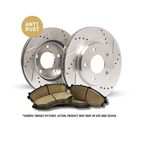 (Front Brake Kit)-(2 Silver Zinc Coated Anti-Rust Drilled & Slotted Heavy Duty Extra-Life Brake Rotors + 4 Ceramic Brake Pads)-Combo Brake Kit