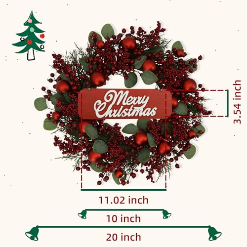 Image of YNYLCHMX 20 Inch Christmas Wreath for Front Door, Winter Wreath with Welcome Sign Pine Needle Red Berry Ornaments, Artificial Door Xmas Wreaths for Window Fireplace Farmhouse Holiday Party Decoration