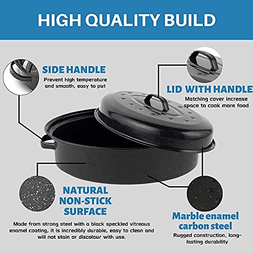 14.6 Inch Roasting Pan with Lid - Enamel Carbon Steel Oval Turkey Roaster Pan for Cooking Chicken Meat & Vegetables - Non-sticky , Free of Chemicals - Birthday and holiday gifts - Thumbnail 2