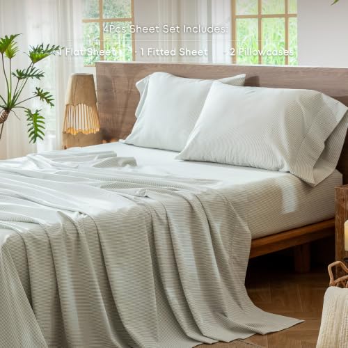 Image of MooMee Striped Sheet Set 100% Washed Cotton Linen Like King