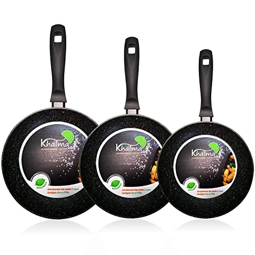 WECOOK! Khalma Set Juego 3 Sartenes inducción 18-22-24cm Honda Aluminio, Antiadherente Piedra ecológico sin PFOA, Apta Todas Las cocinas, vitroceramica, Gas, lavavajillas