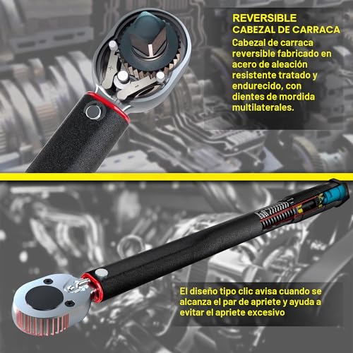 Miniatura 6 de Aurlloct Juego De Llave Dinamométrica 1 2 Pulgada, 20-230 Nm Chave Dinamométrica, Incluye Extensión De 12.5 Cm, Precisión 3 Para Coche Y Rellenar Las Ruedas, 6 Piezas