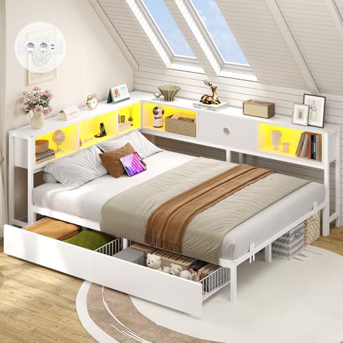 DICTAC Canapé Lit 140x190 avec Rangement, Éclairage LED et Prise - Lit 2 Places avec Sommier en Métal, 5 Compartiments et 2 Tiroirs-Cadre de Lit Double pour Enfant,...