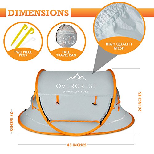 Overcrest Portable Pop Up Baby Beach Tent with UPF 50+ Sun Shade - Protection for Babies from Sunburn and Mosquitos - Lightweight, Compact and Easy Assembly - Includes Sleeping Pad and Cooling Mat