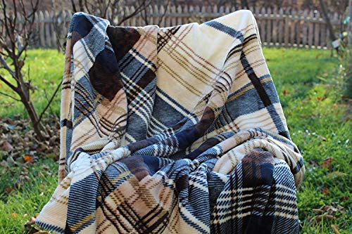 Tache Winter Cabin Blue Tan Farmhouse Super Soft Micro Fleece Tartan Plaid Plush Lightweight Throw Blanket, 66X90, Twin Size #TOP7