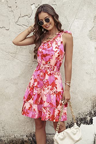 PRETTYGARDEN Women's Summer Tie One Shoulder Boho Floral Dress Elastic Waist Tiered Ruffle A Line Flowy Mini Dresses2