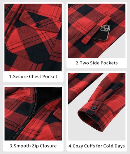 Image of V VALANCH Men's Sherpa Lined Flannel Jacket with Hood - Zip Up Plaid Shirt Jacket Winter Outdoor Warm Outerwear Fleece Coat