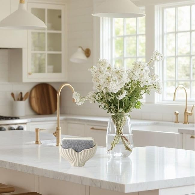 Sponge Holder for Kitchen Sink, Ceramic Dish Sponge Holder with Fishtail Design, Sink Caddy Organizer for Countertop, Farmhouse Kitchen Decor, Compact Sinks Caddy Dish Sponge Holders(White)