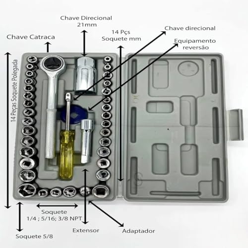 Jogo de Chave Catraca Reversível Kit de Ferramentas com Soquetes Sextavados, 40 Peças, Maleta, para