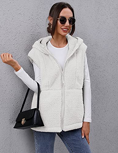 Tfsdod Womens Fuzzy Sherpa Fleece Vest Cozy Sleeveless Sweater Vests With Pocket Womens Fleece Zip Up Hooded Waistcoat Outerwear White L #TOP4
