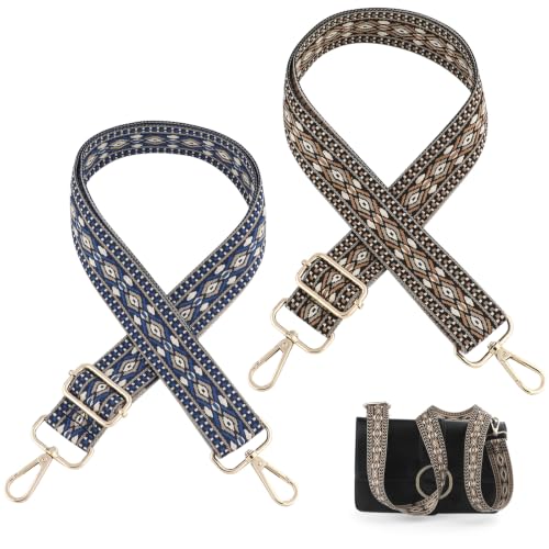 Image of 2 PCS Purse Strap, 1.5 inch Wide Shoulder Strap Adjustable Replacement Crossbody Bag Strap, Retro Multi-Pattern Lozenge Pattern Handbag Strap, Wide Adjustable Strap for Purses & Shoulder Bags (Gold&Blue)