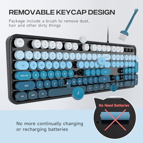Image of MOWUX Computer Keyboard Wired, Plug and Play USB Retro Round Typewriter Keyboard, Full Size Wired Keyboard with Foldable Stands for Laptop and Office PC- Black Blue Gradient