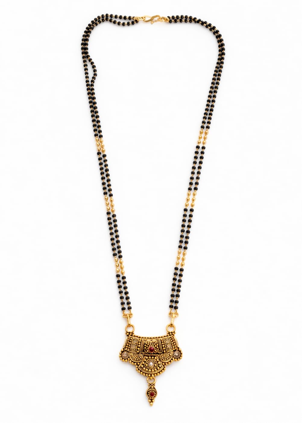 Stylish 22K Gold Plated Mangalsutra for Women | Traditional Temple Design Double Line Black Beads Chain with Antique Gold Pendant & Red Stone | Wedding & Festive Jewellery | 18 Inch | S-Hook Closer