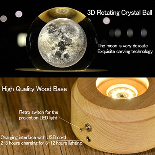 Amperer 3D Crystal Ball Music Box The Moon Luminous Rotating Musical Box With Projection Led Light And Wood Base Best Gift For Birthday Christmas (5# Moon) #TOP3