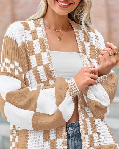 Image of BTFBM Casual Cardigan Sweater for Women Fall 2026 Long Sleeve Open Front Chunky Knit Sweaters Checkered Outwear Coat