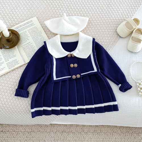 Toddler Girl Navy Collar Knit Dress Autumn Winter Outfit3