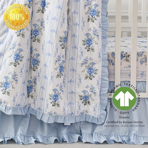 Image of Brandream Organic Cotton Crib Fitted Sheets for Baby Girls, Cottagecore Fitted Crib Sheet for Standard Crib and Toddler Mattress Super Soft Baby Sheet French Country Coquette Blue Floral Stripe Print