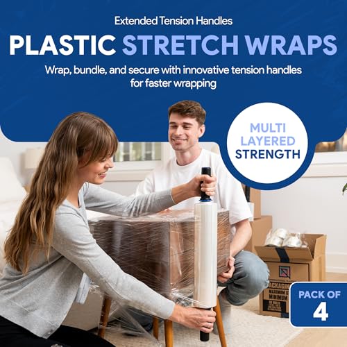 Image of International Plastics Co. 15 inch Plastic Stretch Film Wrap with Extended Handles 1200ft Each 500% Stretch Clear Cling Durable Adhering Packing Moving Packaging Heavy Duty Shrink
