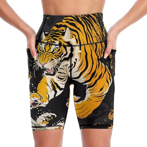 Japanese Tiger Wave Women’s Biker Yoga Short High Waisted Yoga Workout Running Shorts with Pockets