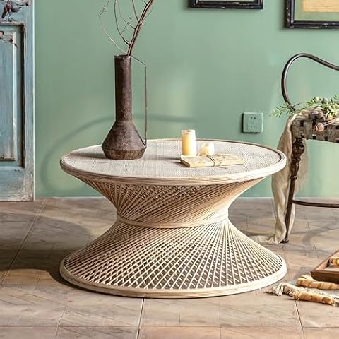 DS-HOMEPORT Round Rattan Coffee Table for Living Room, Natural Woven Rattan Round End Table for Apartment Living Room (Coffee Table Only) Cover